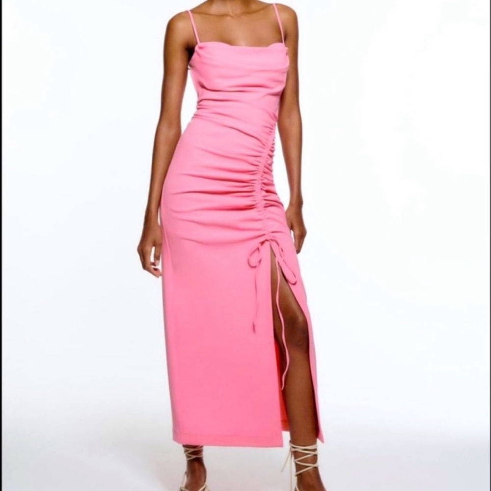 ZARA Pink Stretch Fully Lined Bodycon Ruched Draped Slit Midi Dress